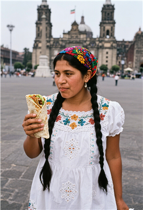 广场双麻花辫美女手持手抓饼图片